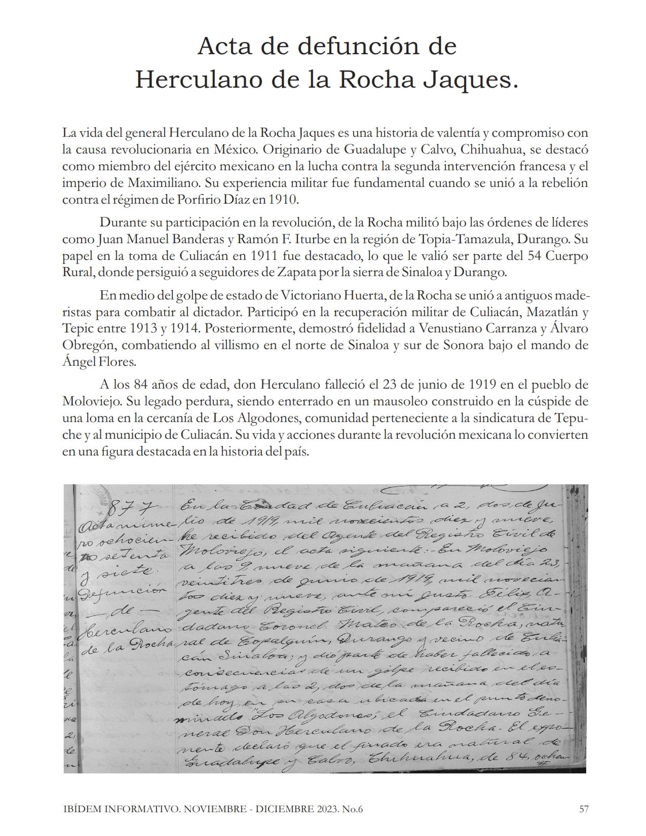 Acta de defunción de Herculano de la Rocha