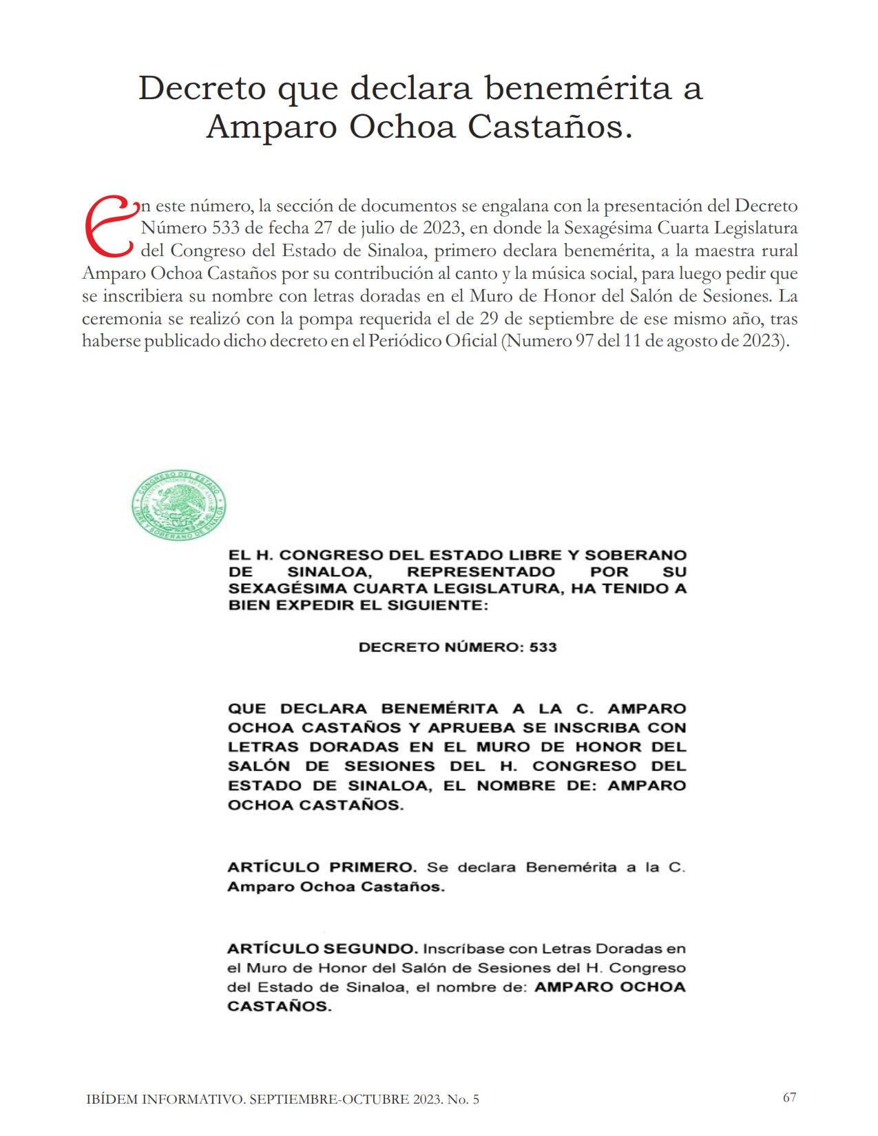 Decreto que declara benemérita a Amparo Ochoa Castaños